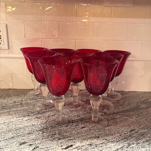 Set of 9 Artland Iris Ruby Red Glass Water Goblets Bubble Glass Bowl Clear Stem